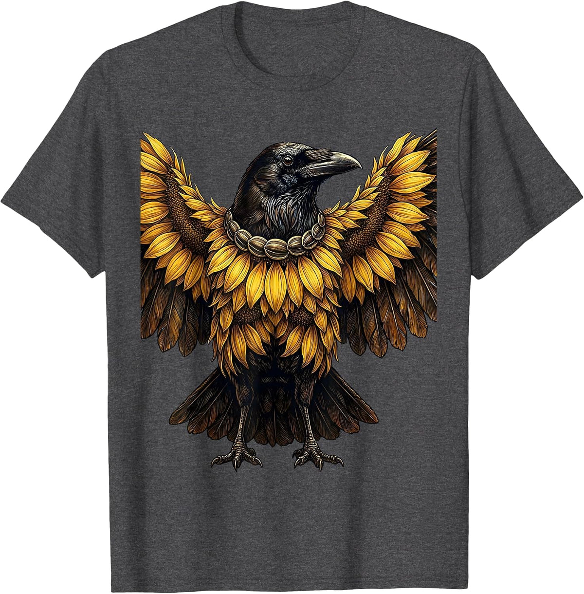 Crow with Sunflower Petal Feathers Illustration T-Shirt - Dark Heather Grey