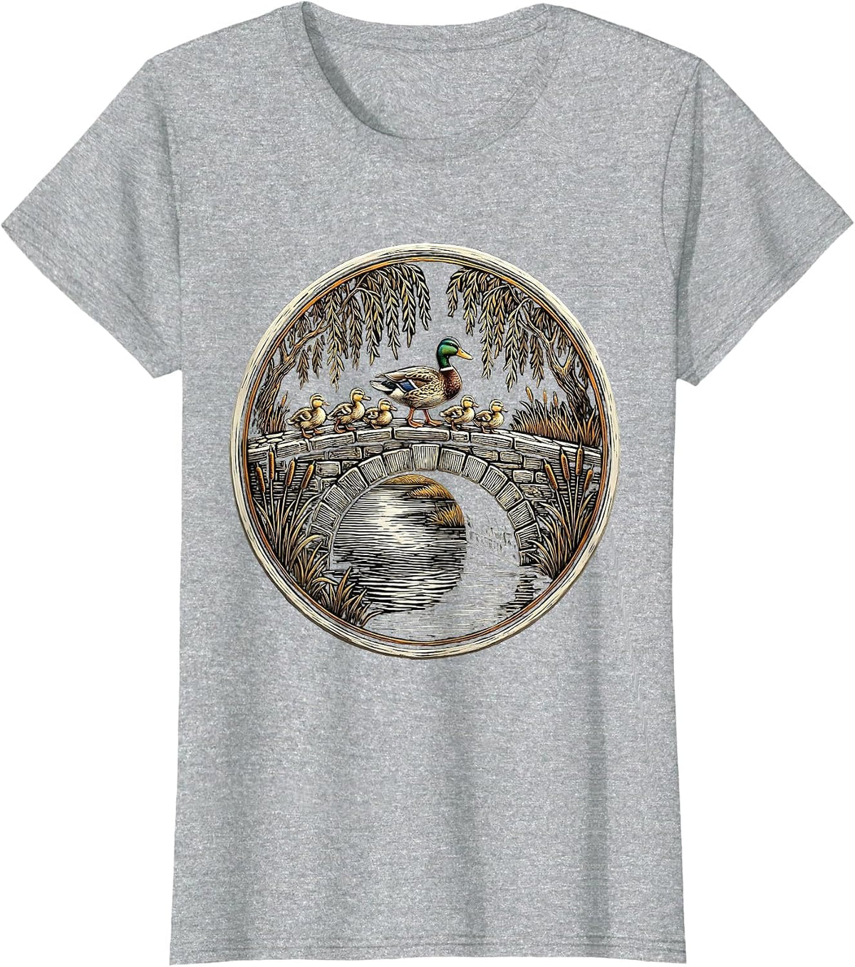 Duck Family Crossing Cobblestone Park Bridge T-Shirt - Heather Grey