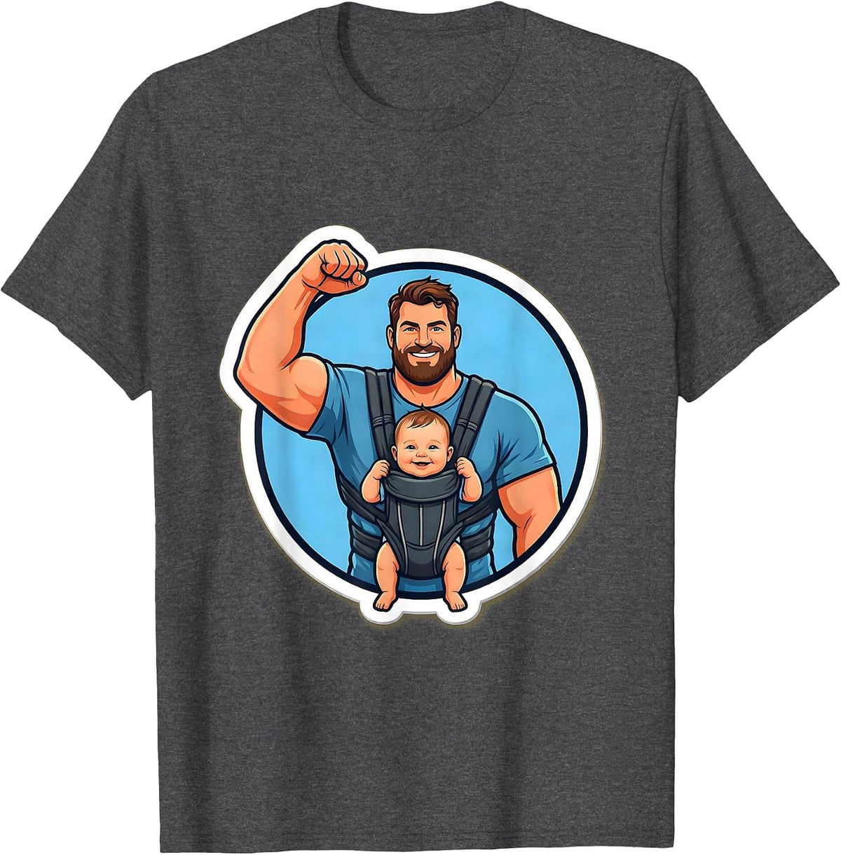 Men's Dad Baby Carrier Bicep Curl Funny Graphic Tee T-Shirt - Dark Heather Grey