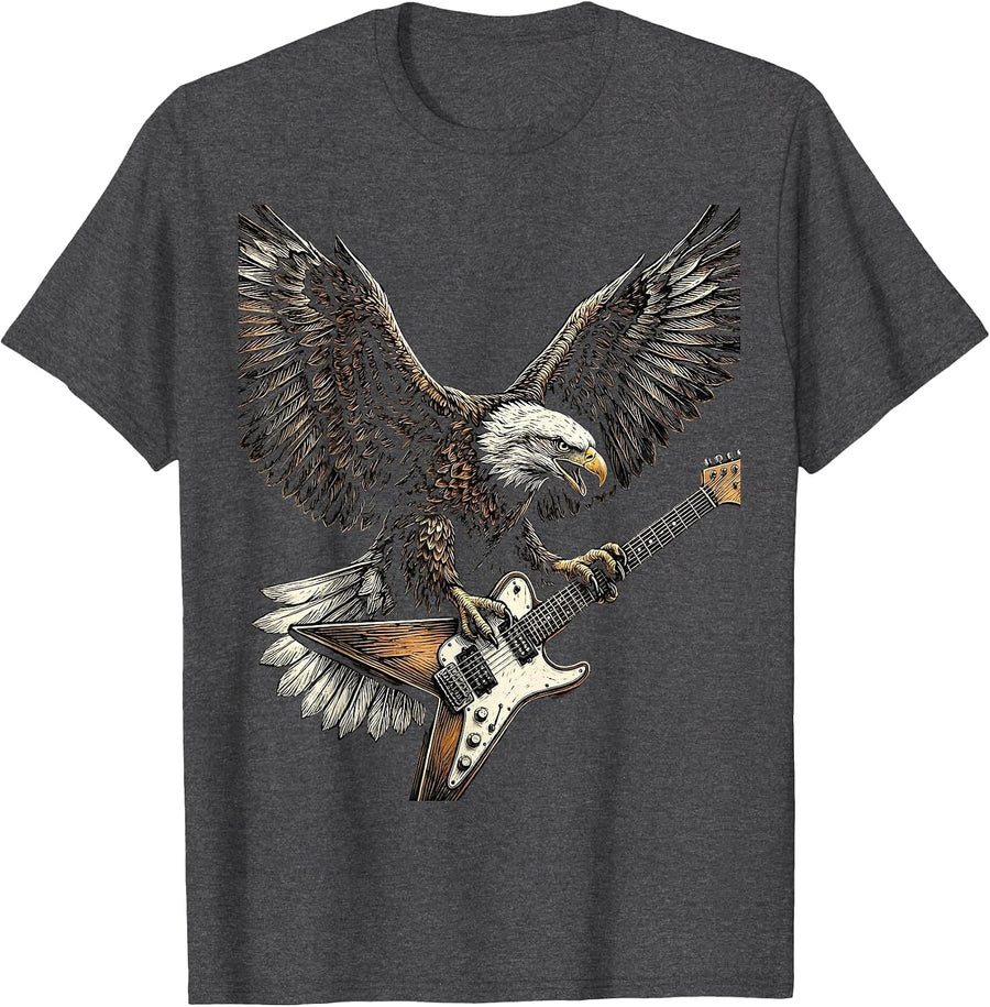 Men's Bald Eagle Flying-V Guitar Rock and Roll Graphic T-Shirt - Dark Heather Grey