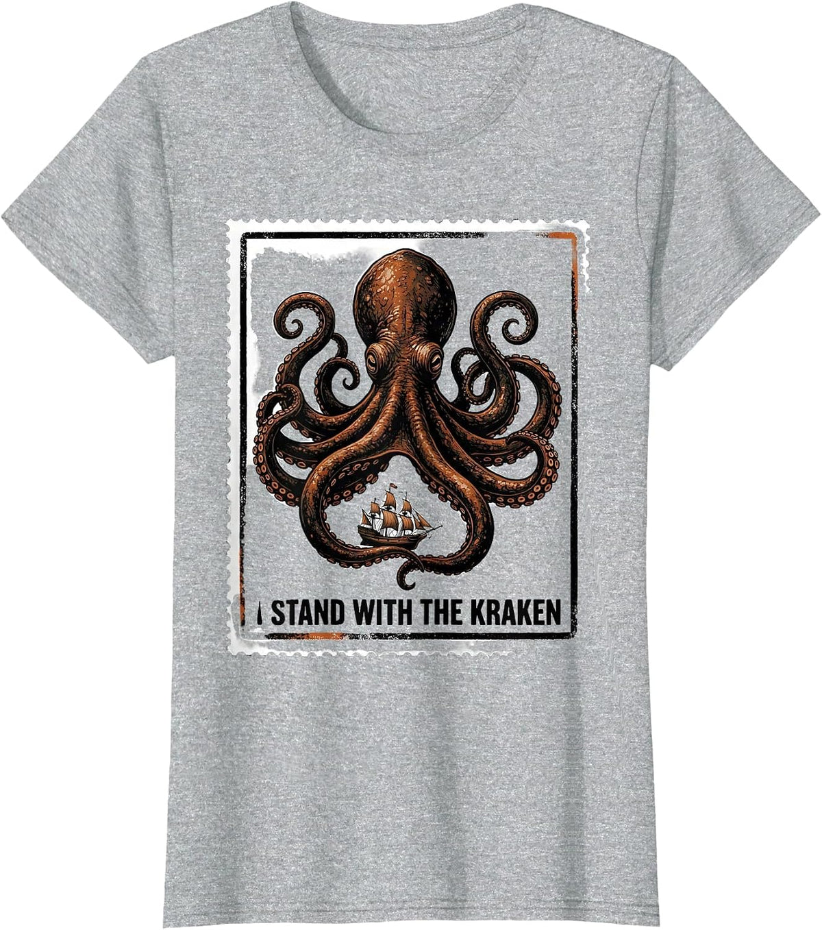 Women's I Stand With The Kraken Vintage Japanese Kraken Octopus T-Shirt - Heather Grey