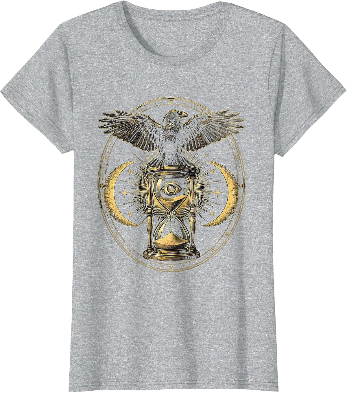 Crow on Hourglass Gothic Nature Illustration T-Shirt - Heather Grey