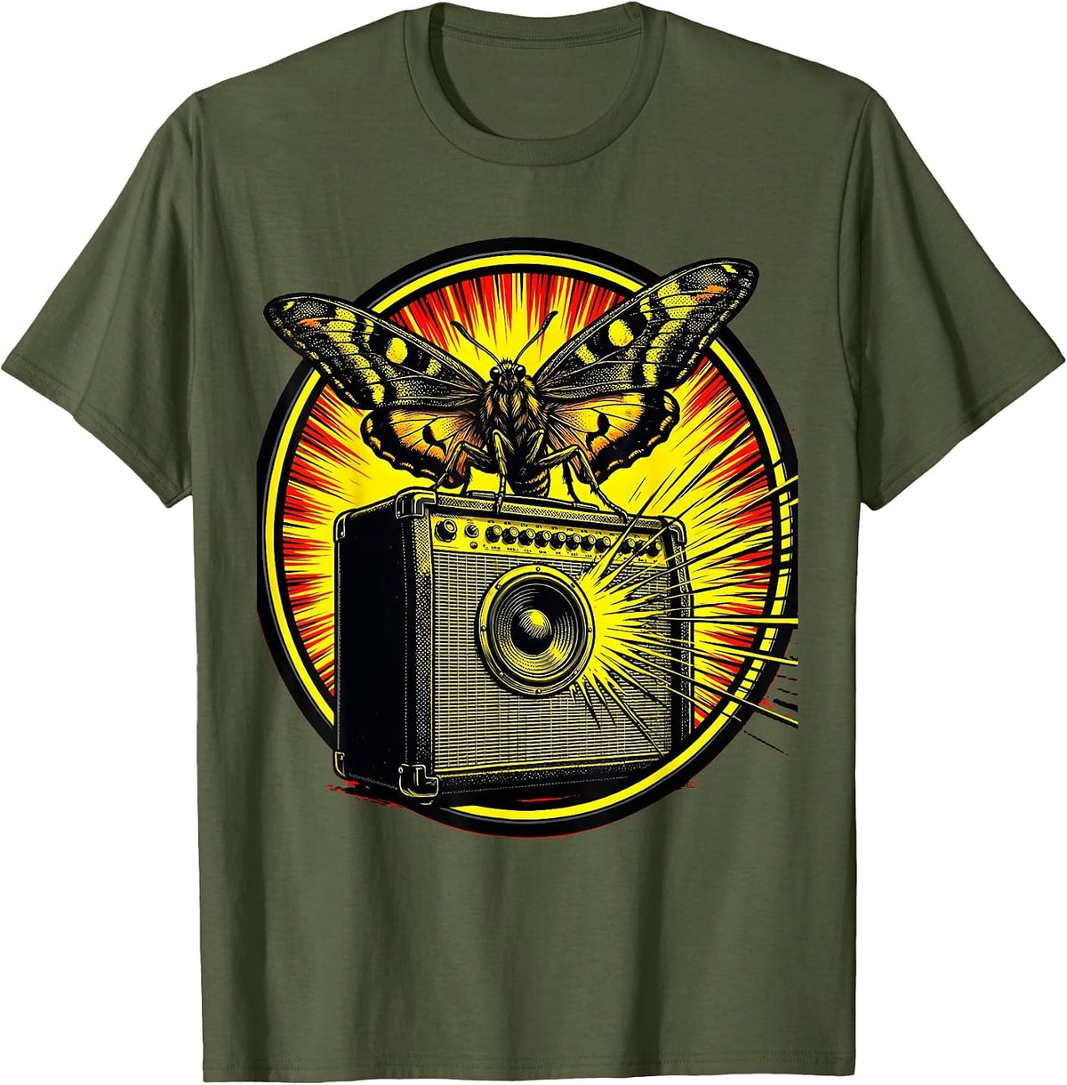 Moth and Amplifier Glow Rock Music Graphic T-Shirt - Olive Green