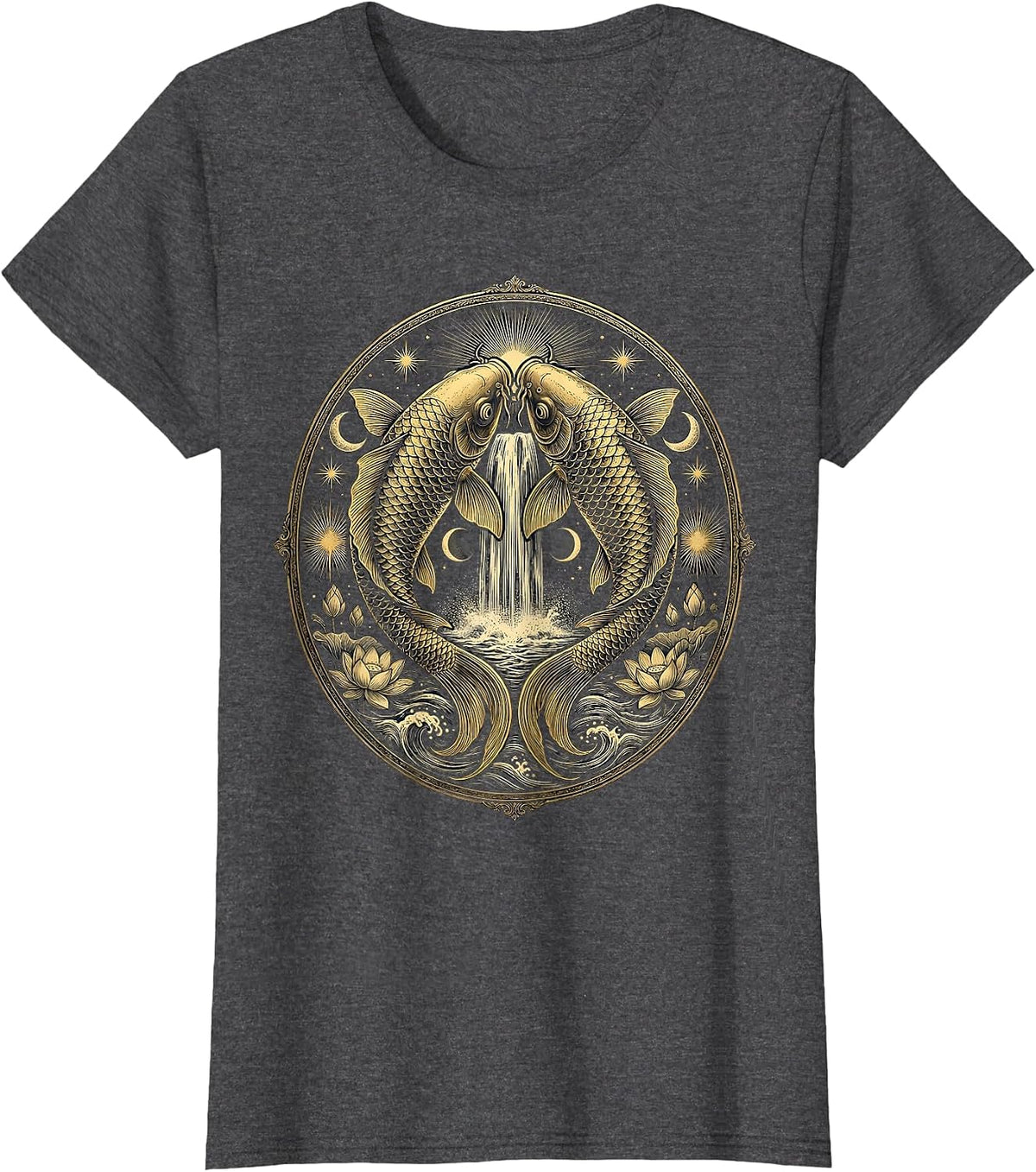 Women's Koi Fish Leaping Over Waterfall Japanese Art T-Shirt - Dark Heather Grey