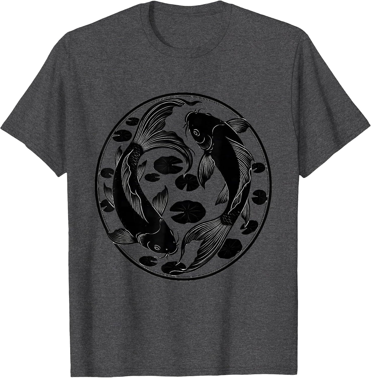 Koi Fish Swirling Pond Circular Art Design T-Shirt - Dark Heather Grey