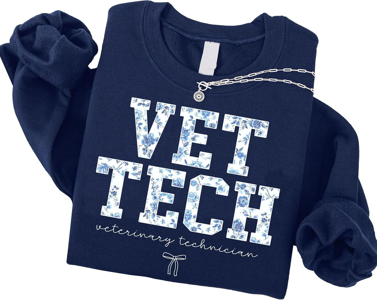 Custom Floral Medical Staff Sweatshirt, Personalized Healthcare Worker Crewneck with Blue Toile Letters, Nurse Gifts - Vet