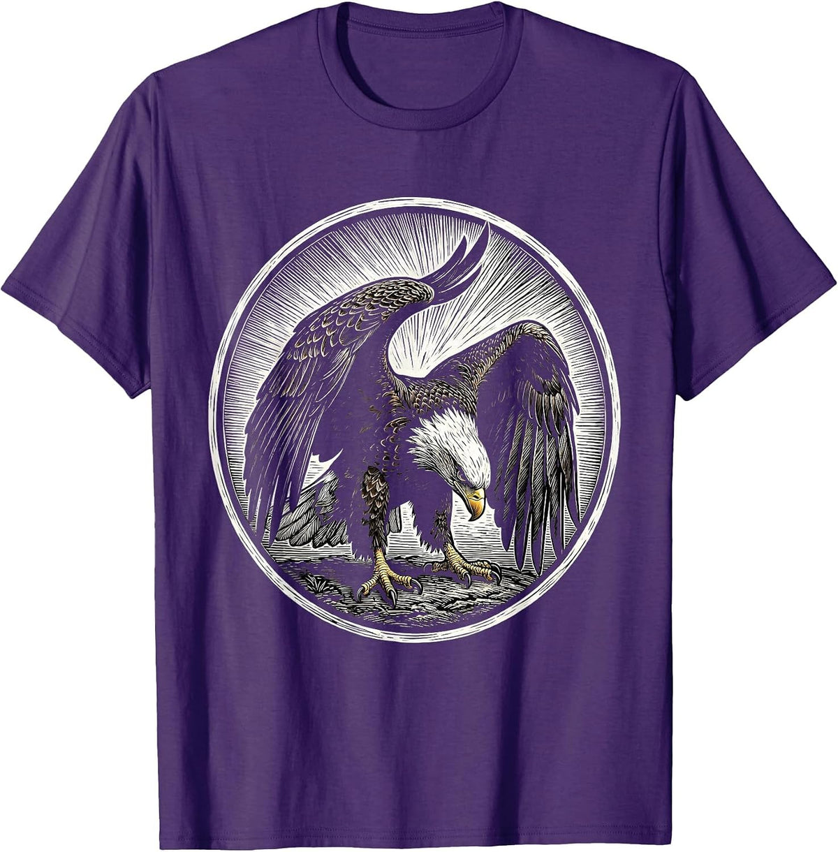 Men's Bald Eagle Woodcut Engraving Eagle Lover Nature Faith T-Shirt - Purple