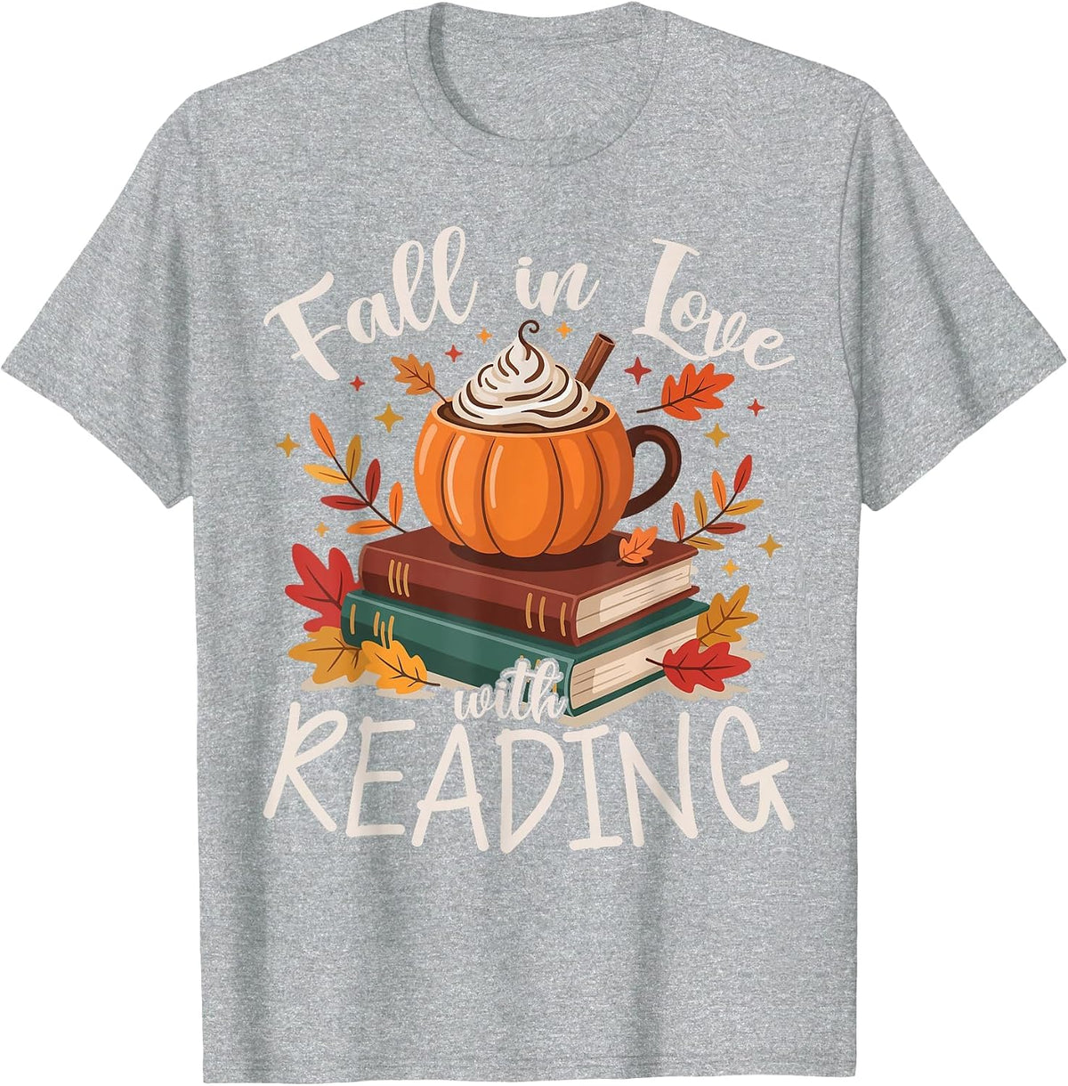 Fall in Love with Reading Autumn Librarian Cute Book Lover T-Shirt - Heather Grey