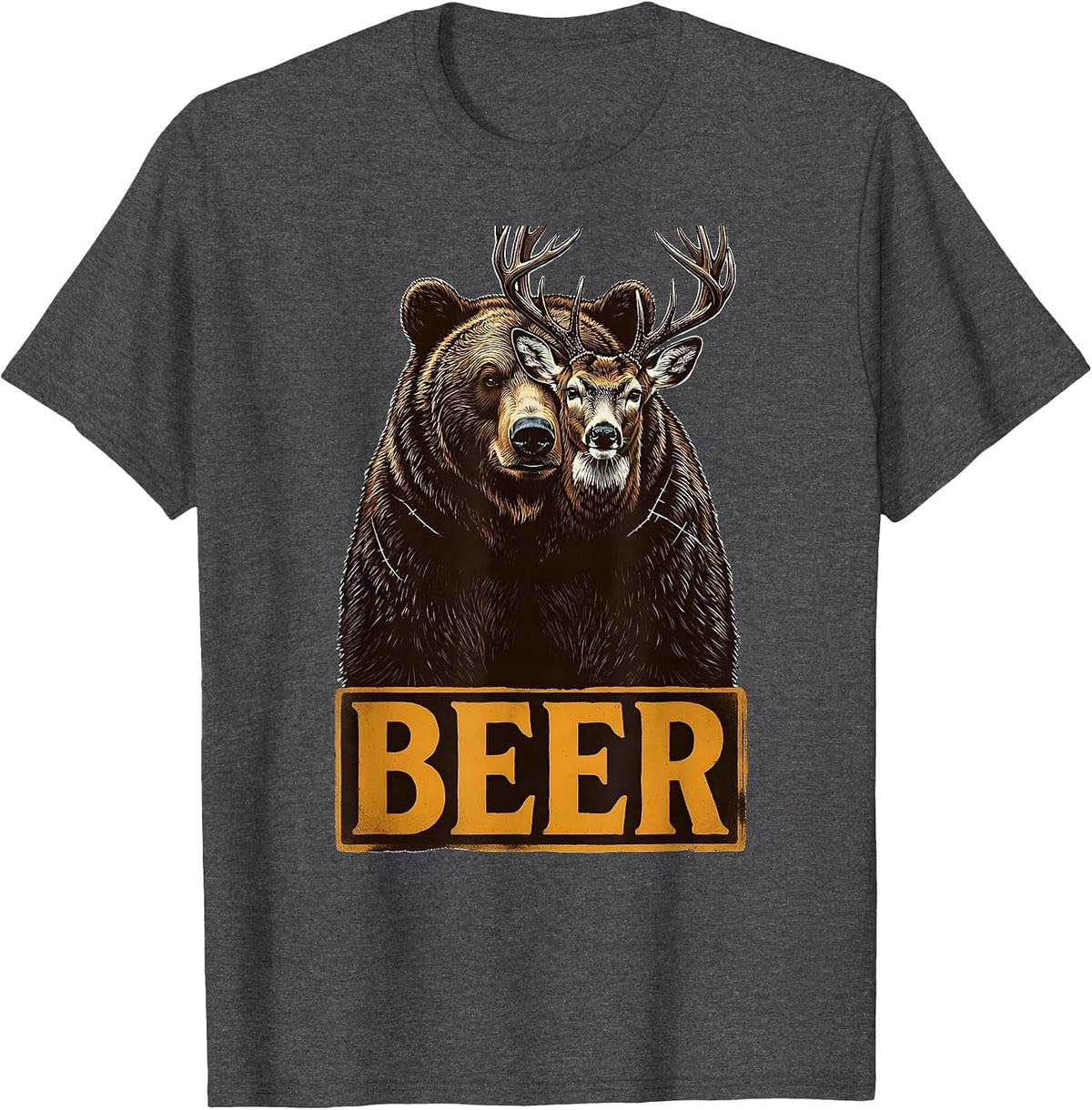 Men's BEER Funny Bear Deer Hunting Drinking Wood Type Letterpress T-Shirt - Dark Heather Grey