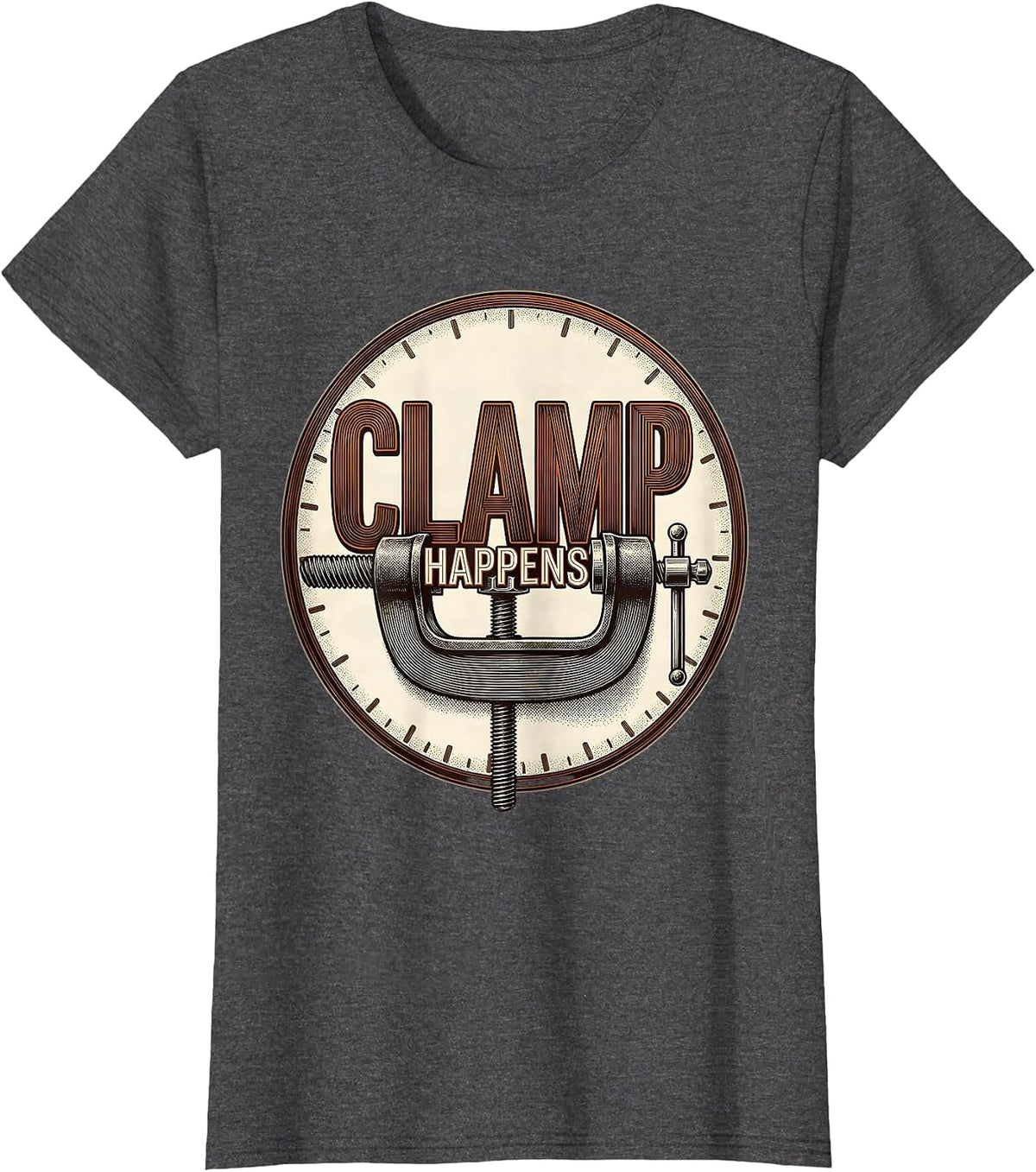Women's Clamp Happens Funny Woodworking Carpenter Dad Humor T-Shirt - Dark Heather Grey