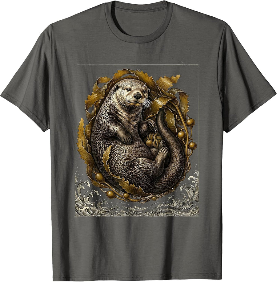 Sea Otter Wrapped in Kelp Ocean Waves Illustration T-Shirt - Asphalt Grey