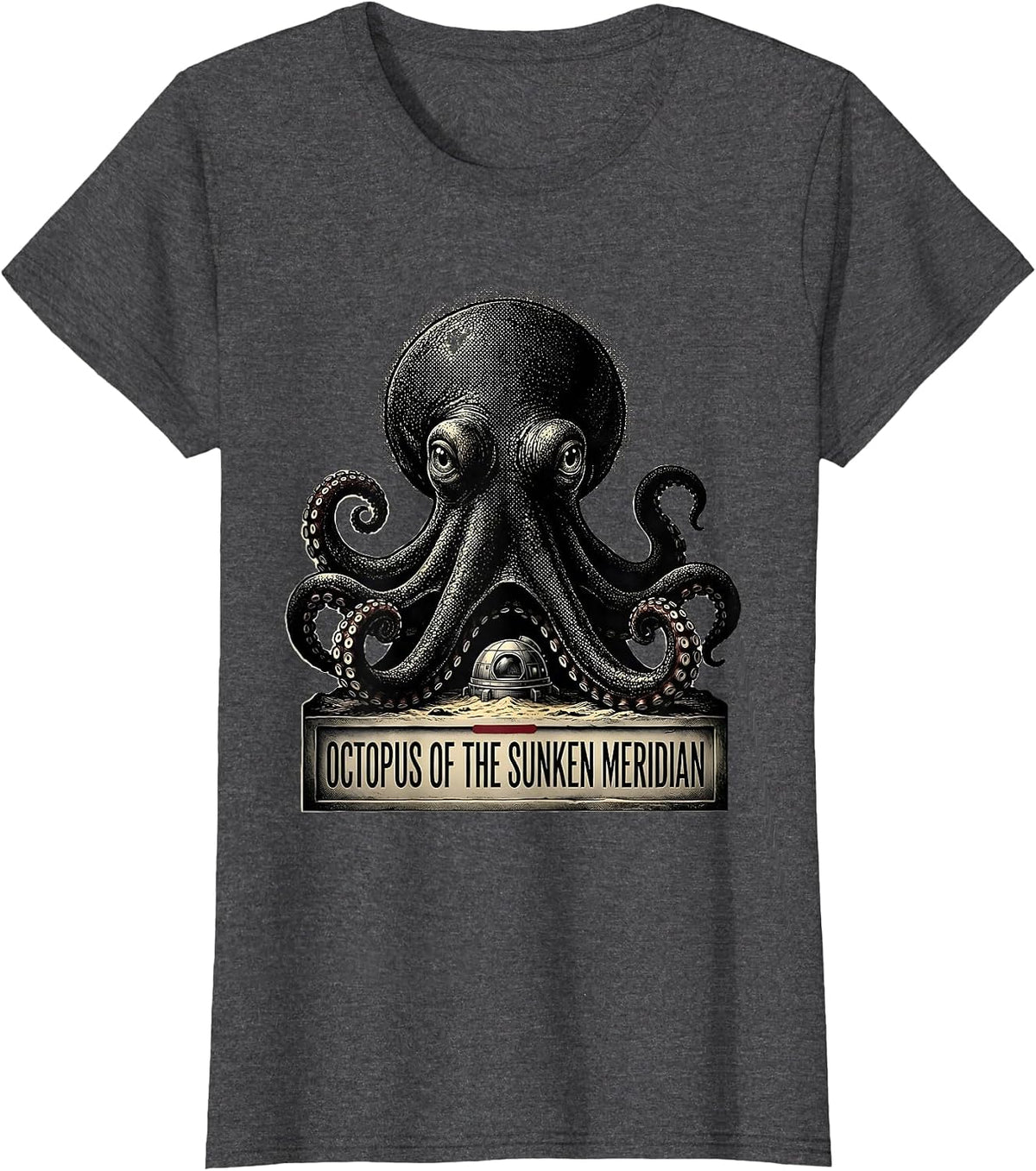 Women's Octopus of the Sunken Meridian Blackwork Dotwork Ocean T-Shirt - Dark Heather Grey