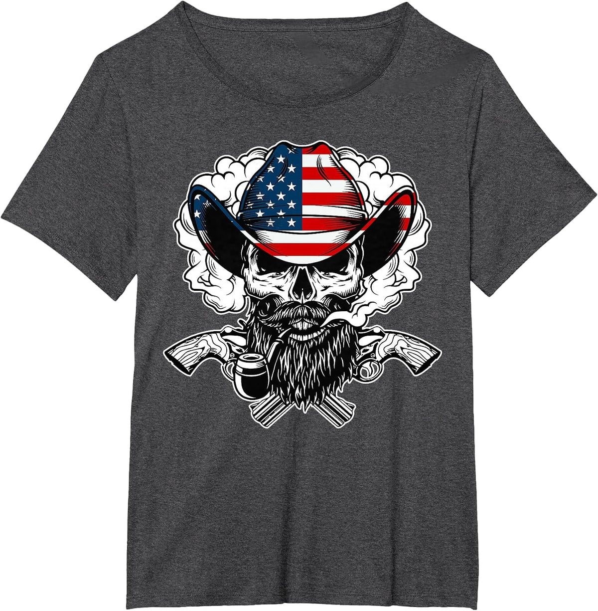 Cool Sugar Skull Cowboy Hat American Flag 4th of July T-Shirt - Dark Heather Grey