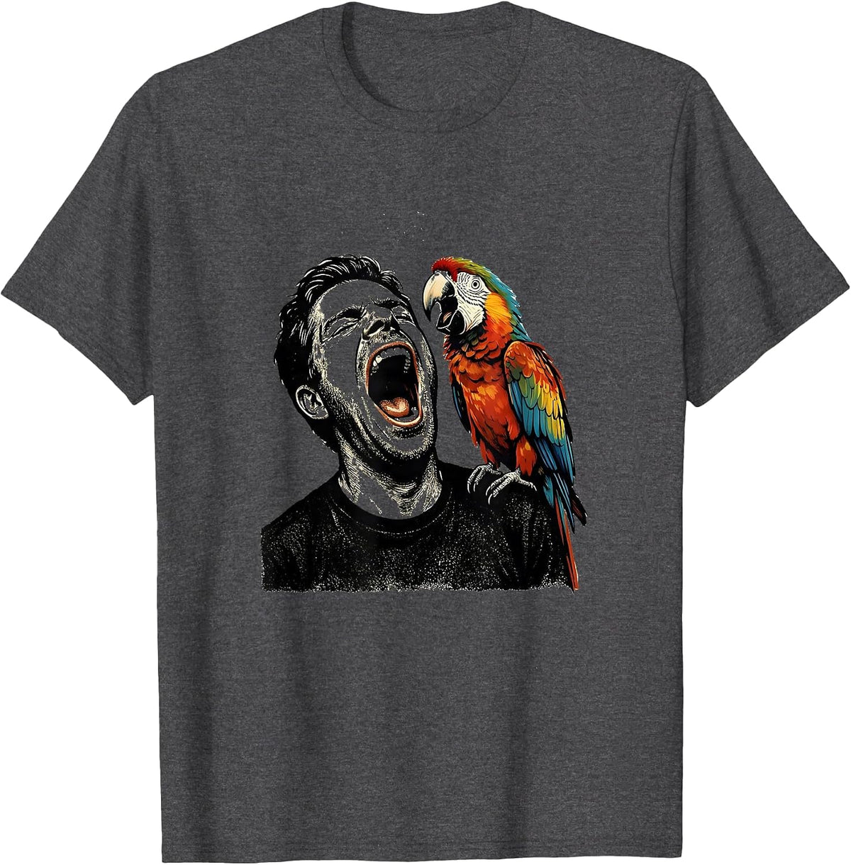 Men's Funny Parrot Mimicking Yawning Man on Shoulder T-Shirt - Dark Heather Grey