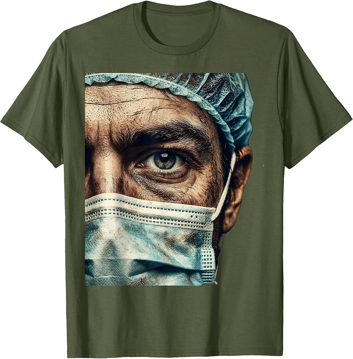 ER Nurse Close-Up Eye Surgical Mask Scrub Cap T-Shirt - Olive Green