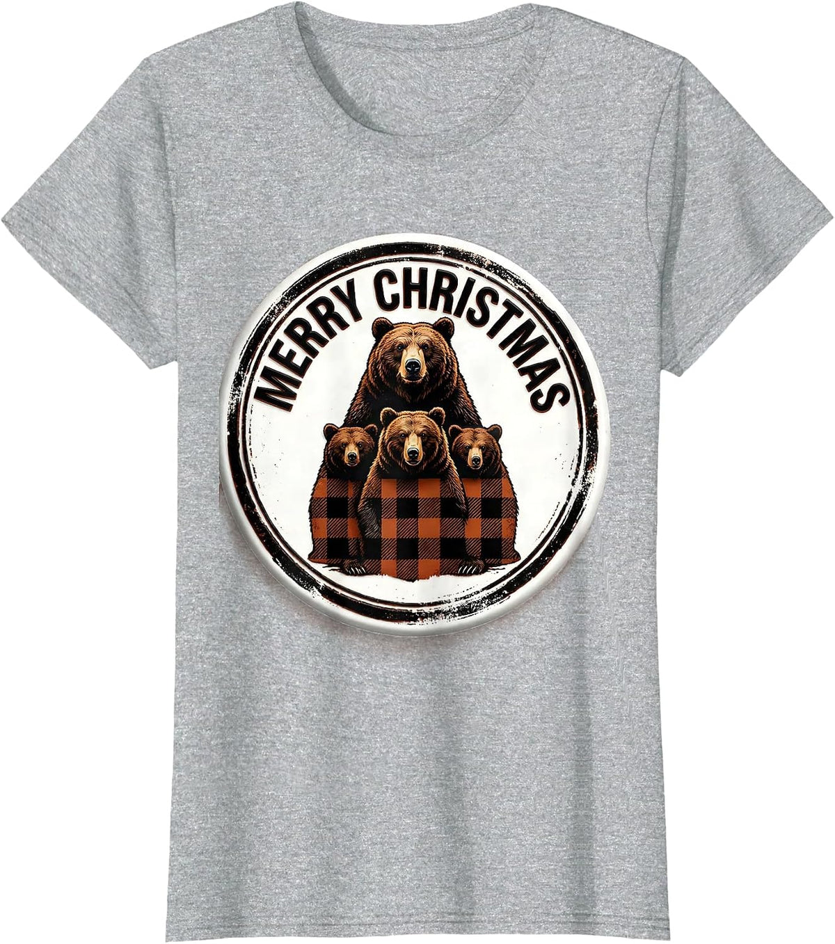 Merry Christmas Rubber Stamp Bear Family Buffalo Plaid T-Shirt - Heather Grey