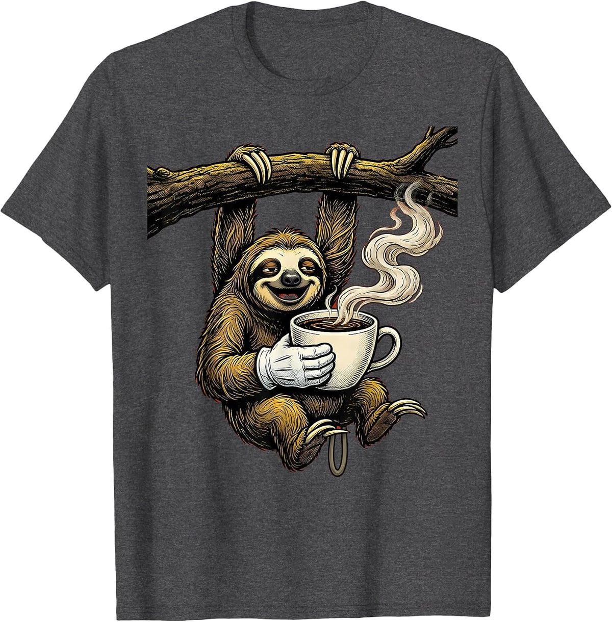 Funny Sloth Hanging Upside Down With Coffee T-Shirt - Dark Heather Grey