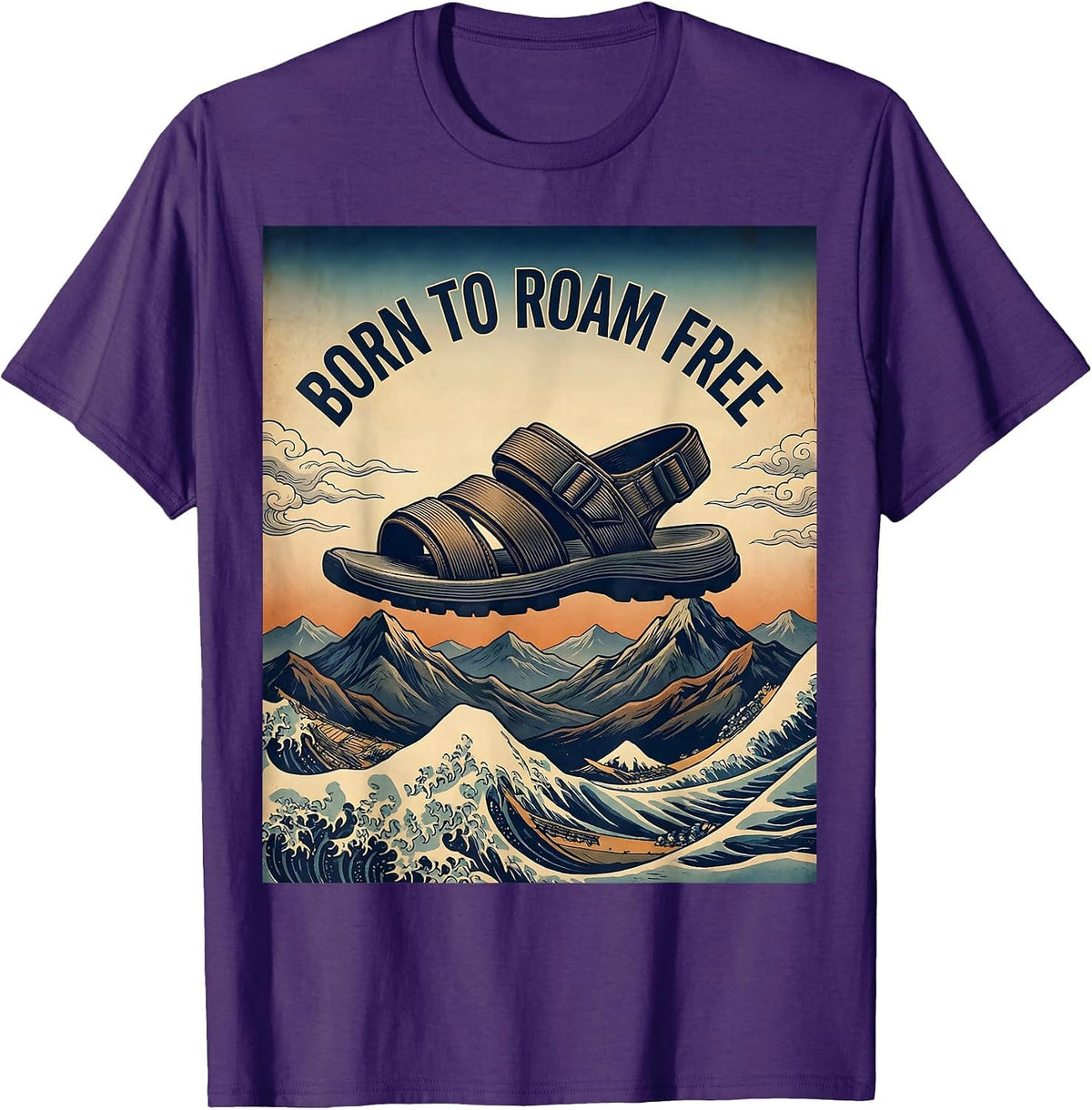 Born to Roam Free Adventure Hiking Sandals Design T-Shirt - Purple