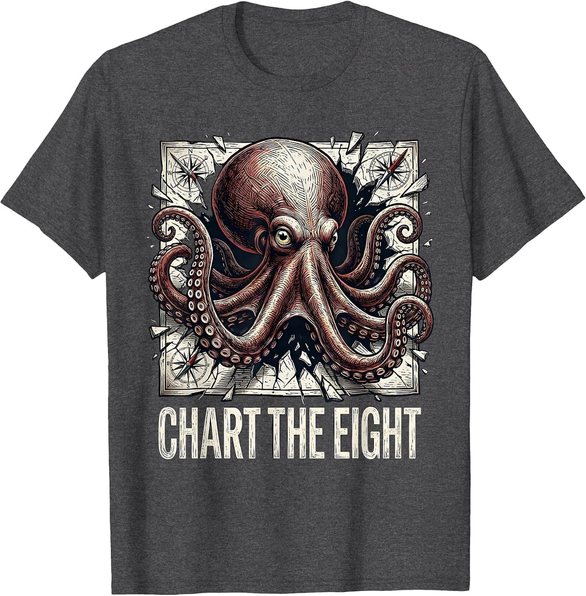 Chart The Eight Formidable Octopus Sea Creature Woodcut T-Shirt - Dark Heather Grey