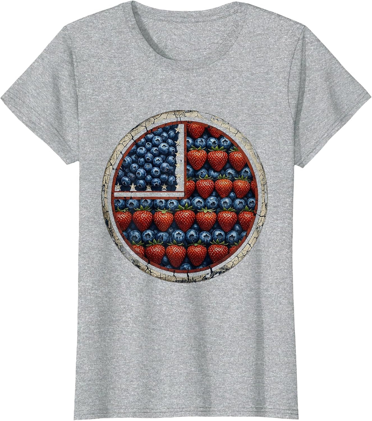 Strawberry Blueberry American Flag Pattern T-Shirt - Heather Grey