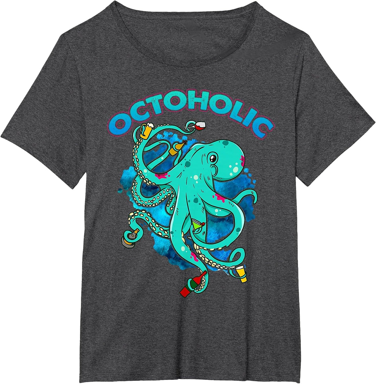 Octoholic T-Shirt Funny Octopus Drinking T-Shirt T-Shirt - Dark Heather Grey