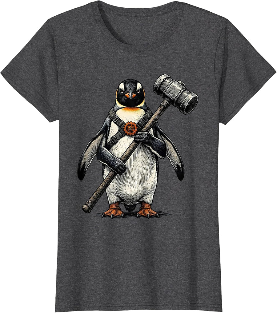 Women's Stubby Penguin With Mace Funny Bird Meme Humor T-Shirt - Dark Heather Grey