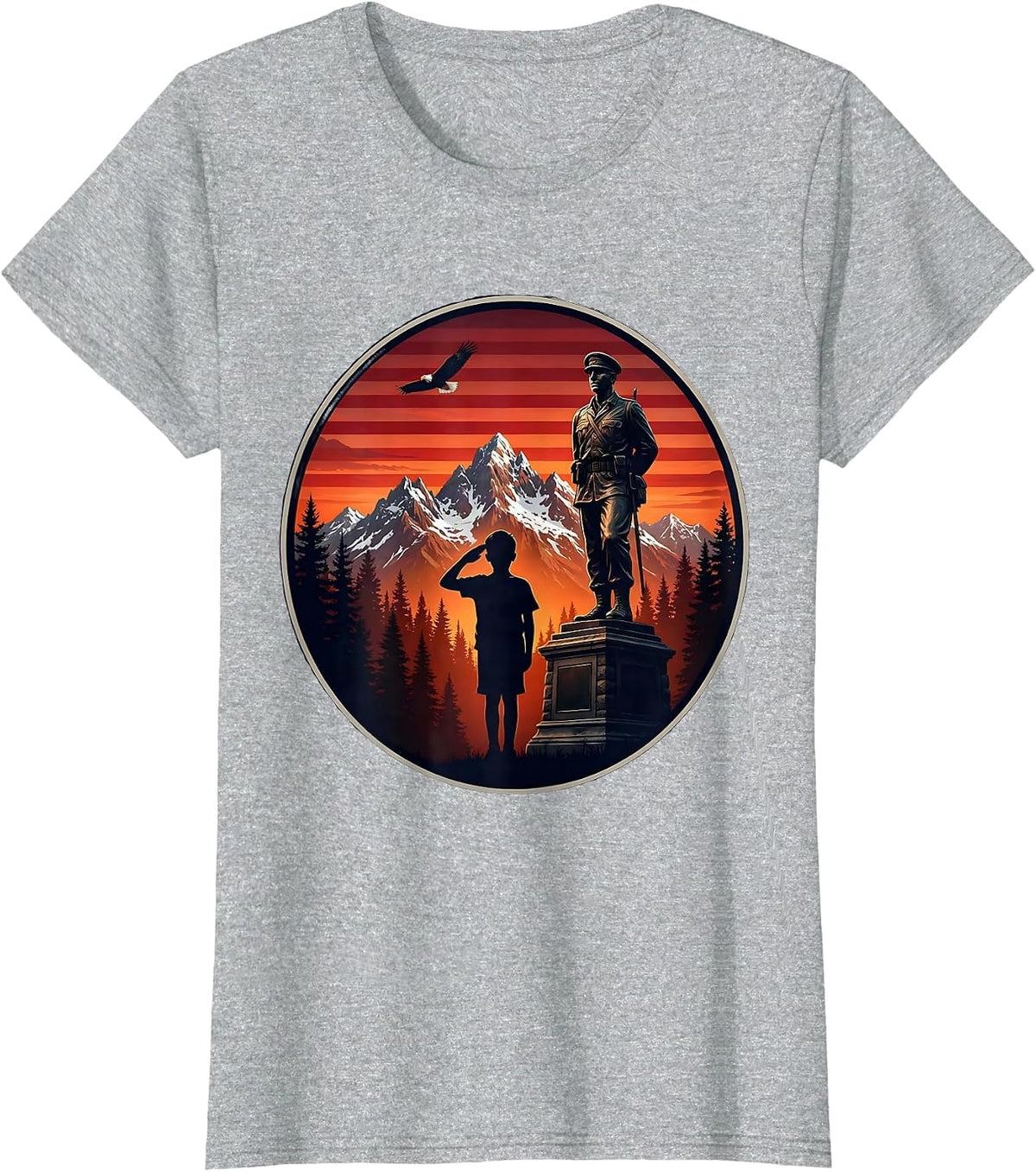 Young Patriot Saluting War Memorial Illustration T-Shirt - Heather Grey