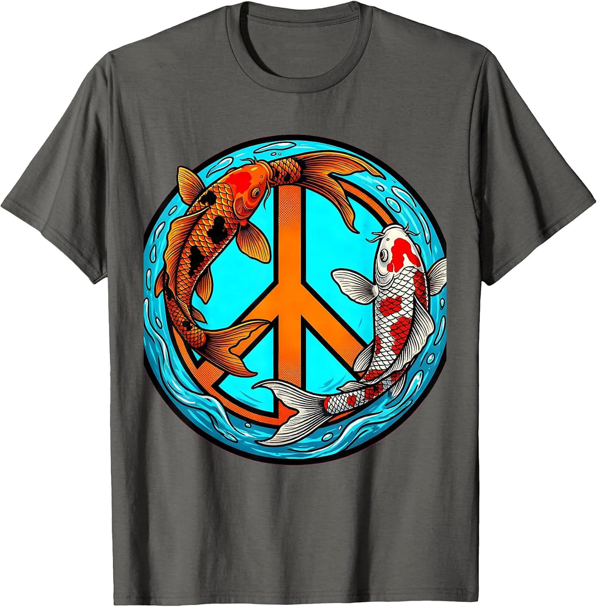 Men's Koi Fish Peace Sign Graphic Design T-Shirt - Asphalt Grey