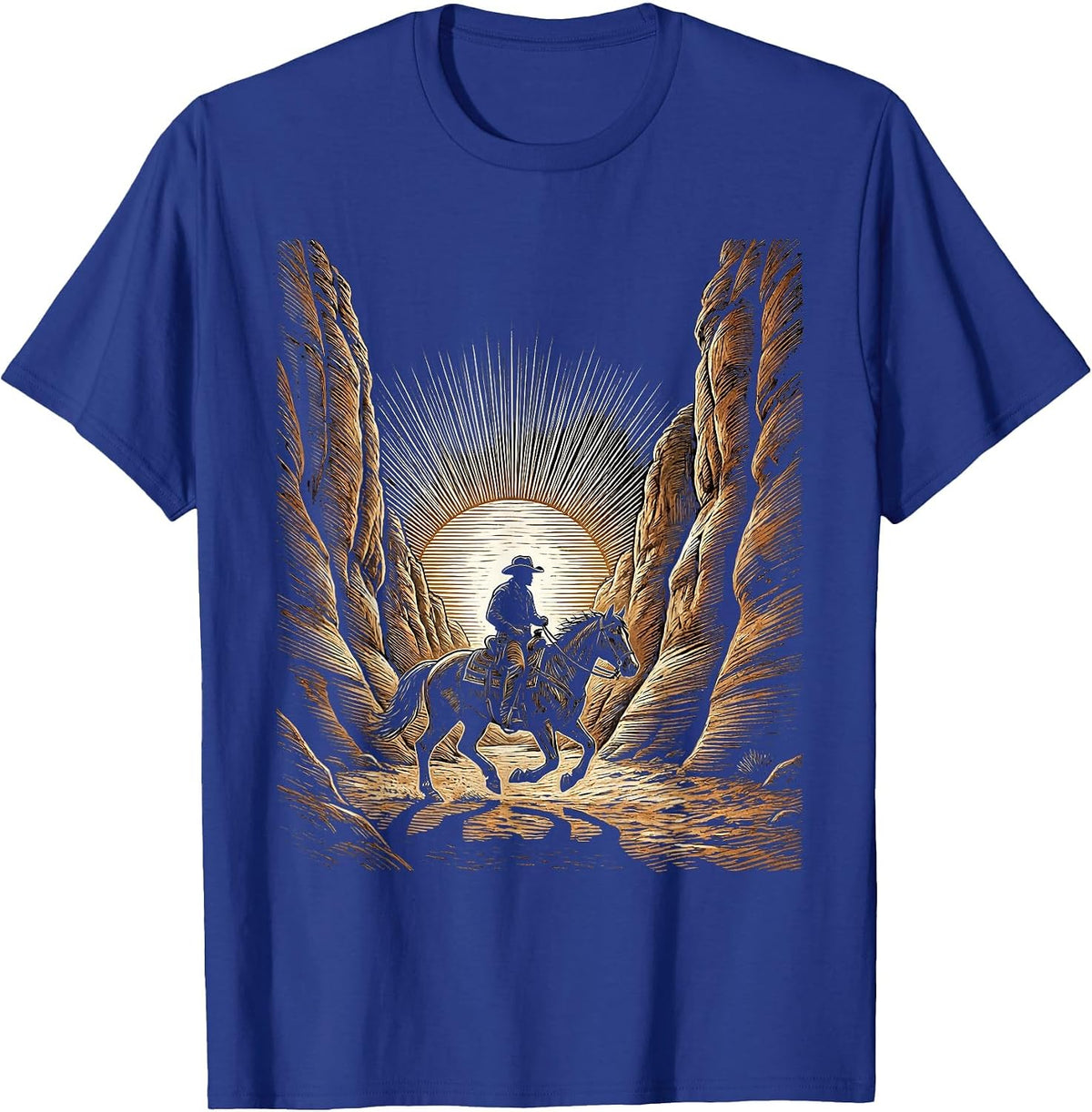 Cowboy Riding Horse Through Canyon at Dusk T-Shirt - Royal Blue