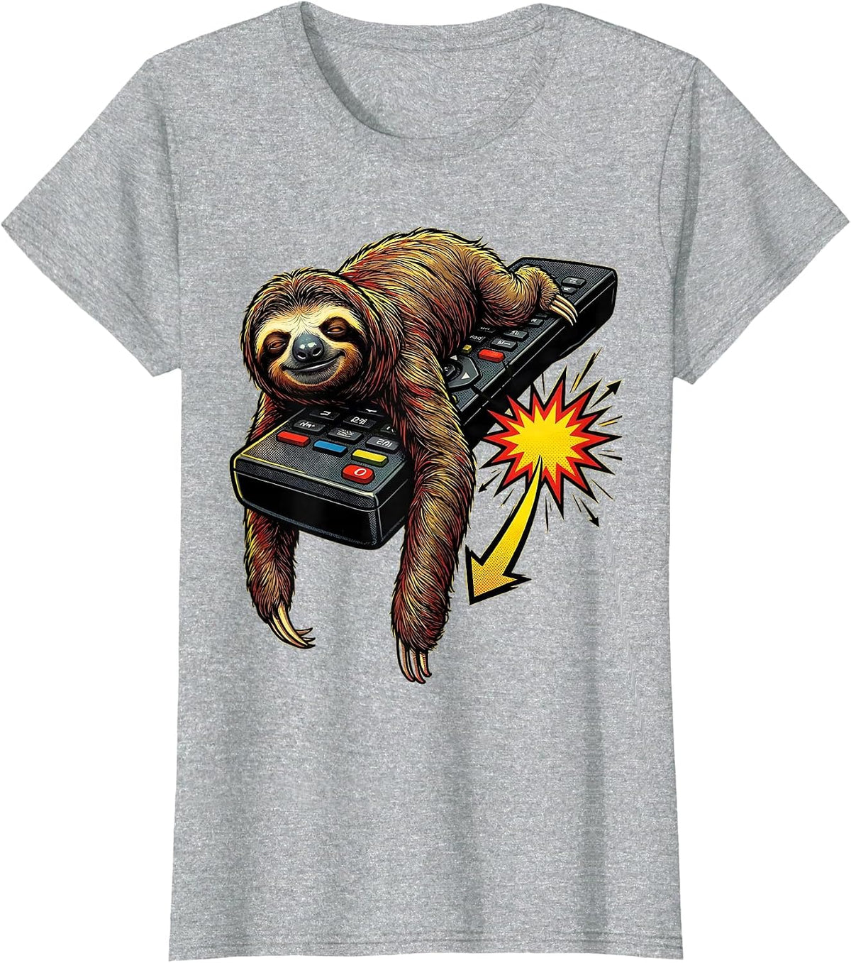 Sloth On Remote Pop Art Funny Animal Humor T-Shirt - Heather Grey