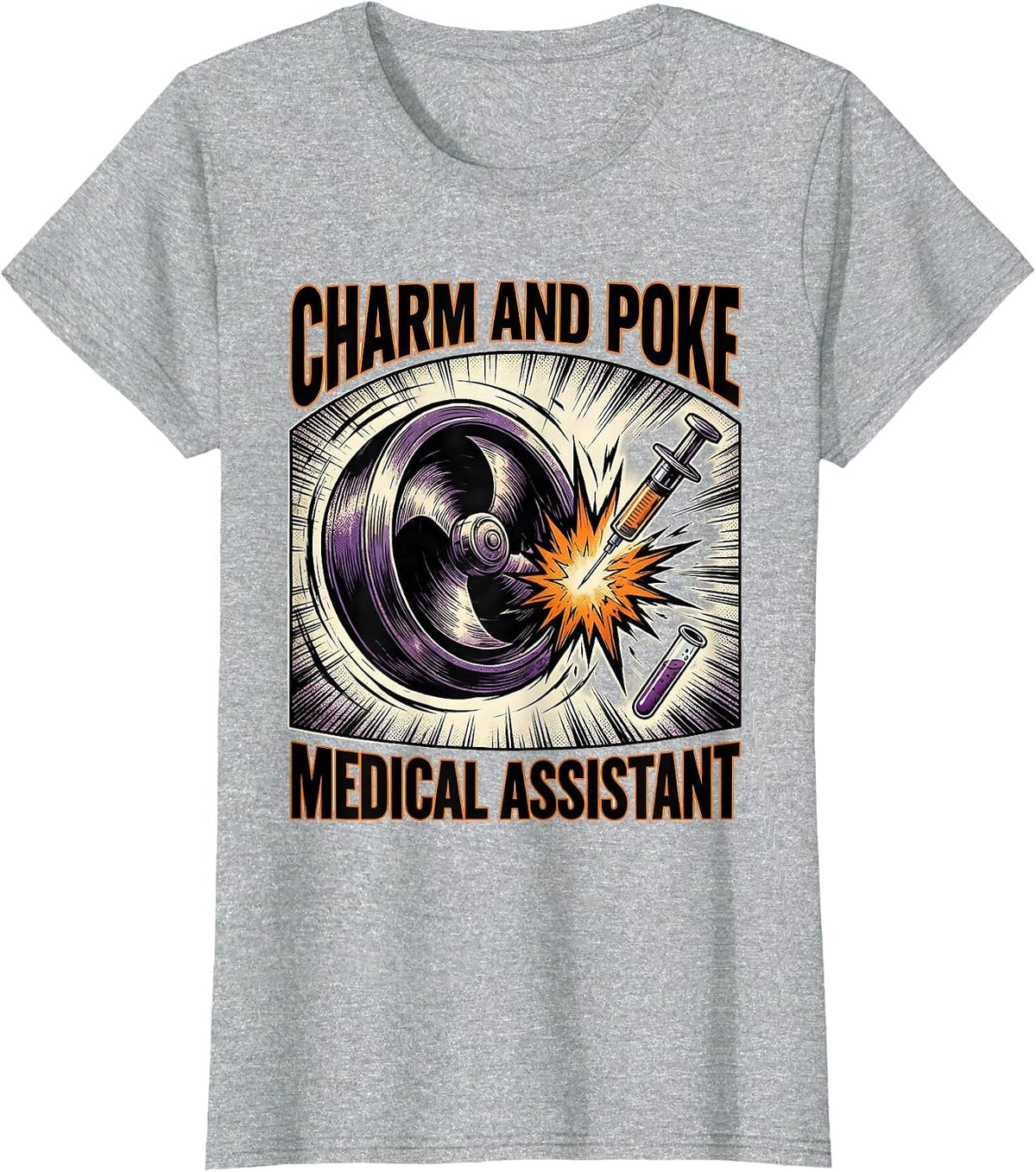 Charm and Poke Medical Assistant Funny Halloween Nurse Humor T-Shirt - Heather Grey