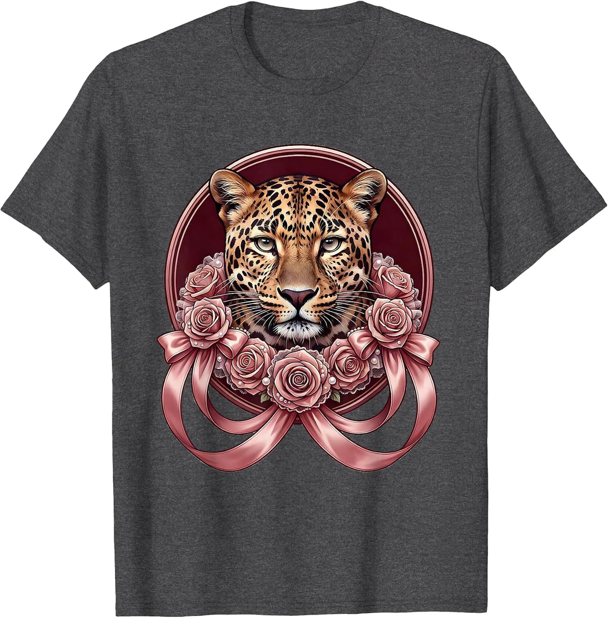 Gigi Leopard Floral Collar Graphic Tee T-Shirt - Dark Heather Grey