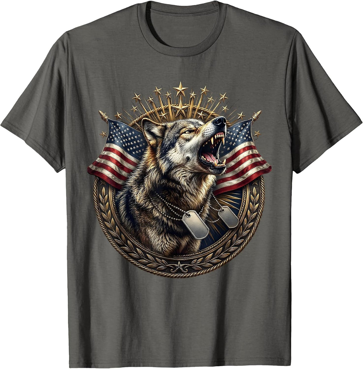 Wolf Howling Military Dog Tags Patriotic T-Shirt - Asphalt Grey