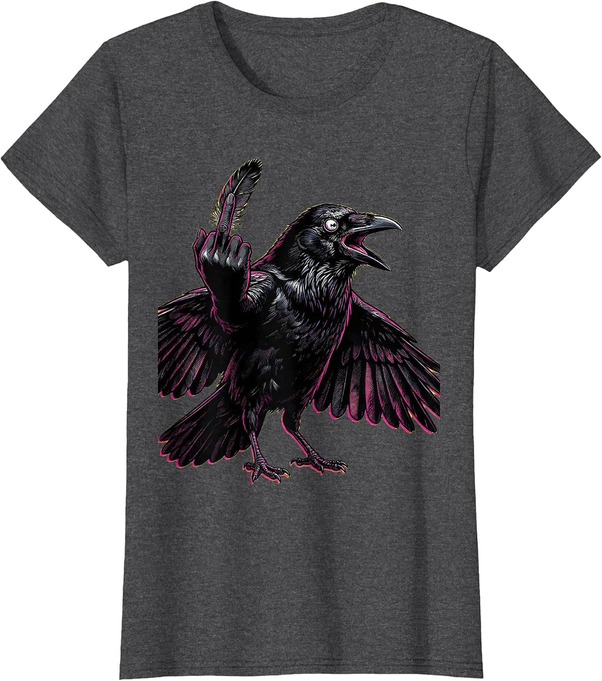 Women's Fawk Off Crow Funny Rebellious Bird Design T-Shirt - Dark Heather Grey