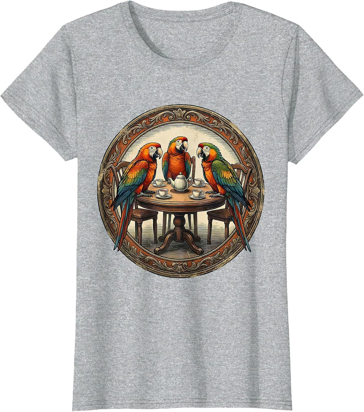 Chatty Parrots Tea Party Illustration T-Shirt - Heather Grey
