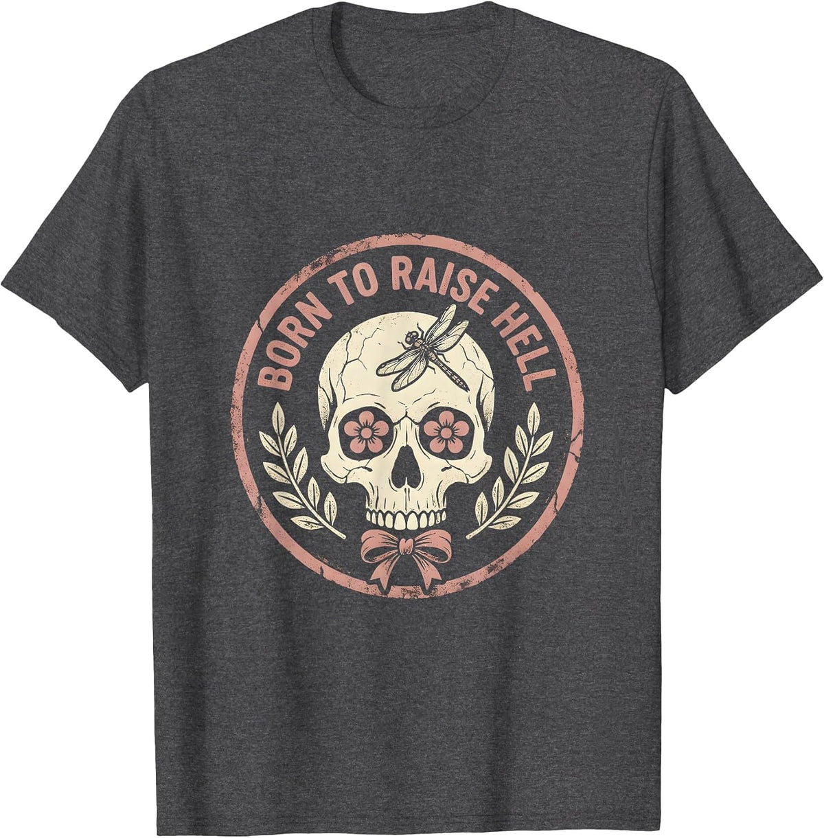 Born to Raise Hell Skull Graphic Design T-Shirt - Dark Heather Grey
