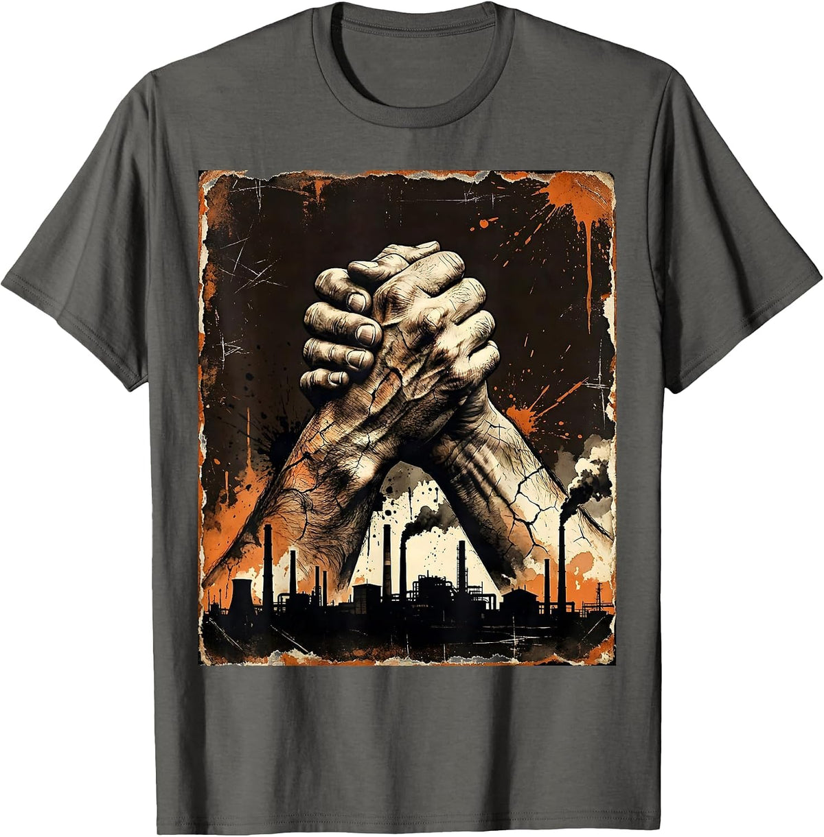 Equal Rights Labor Day Factory Handshake Design T-Shirt - Asphalt Grey