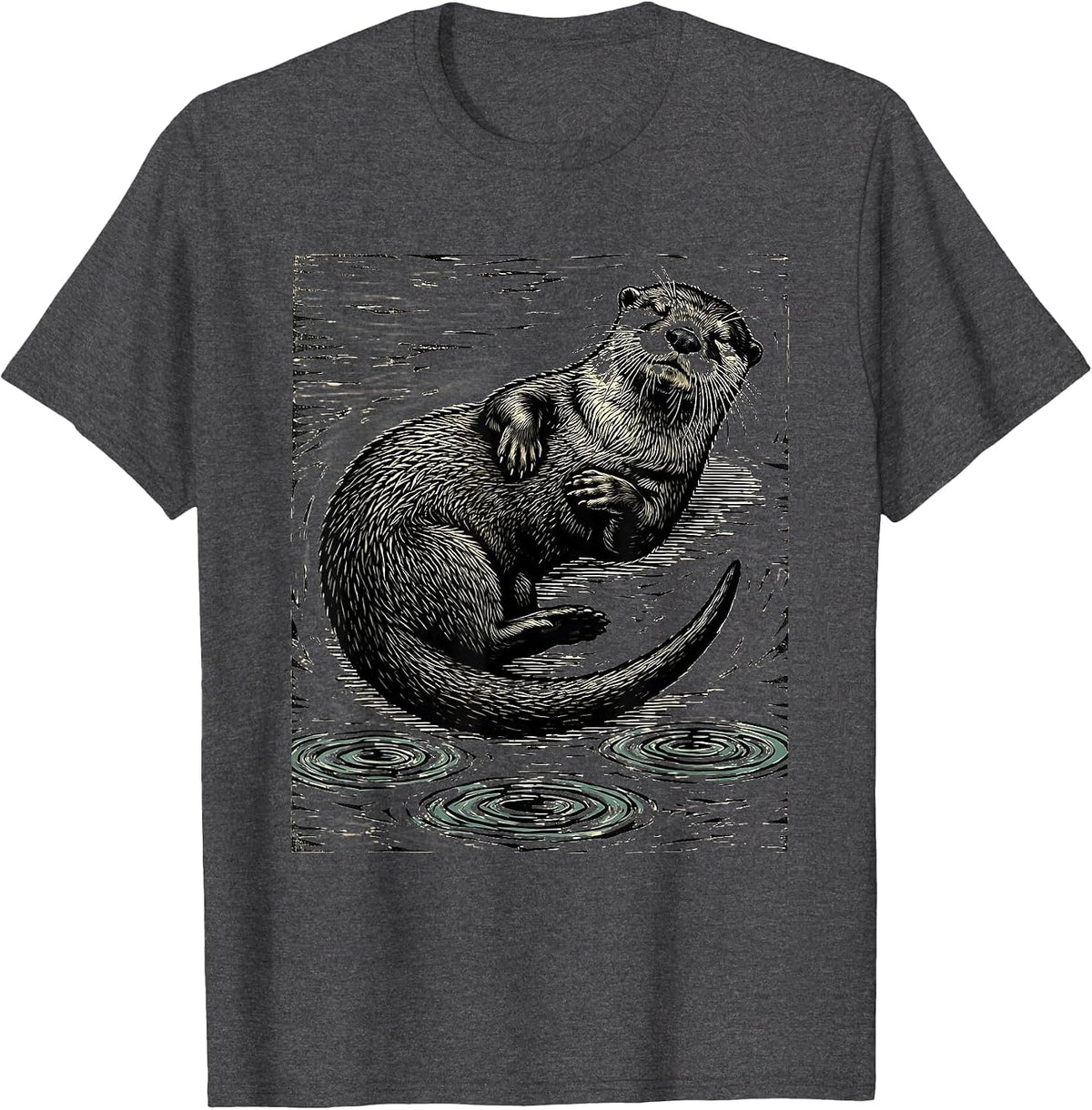 River Otter Woodcut Engraving Nature Lover Humor T-Shirt - Dark Heather Grey