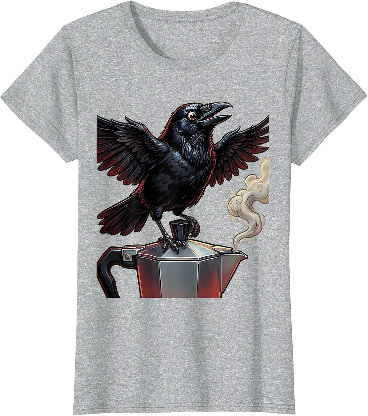 Crow Perched on Moka Pot Coffee Illustration T-Shirt - Heather Grey