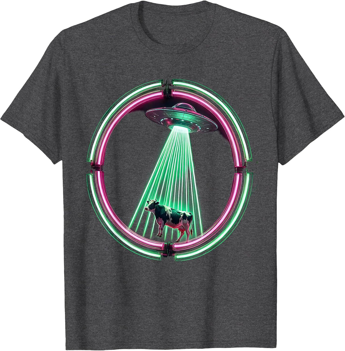 Men's Alien Cow Abduction Tractor Beam UFO Design T-Shirt - Dark Heather Grey