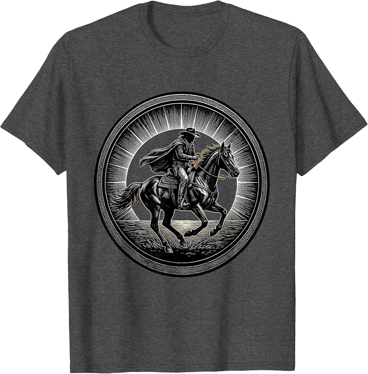 Men's Cowboy Riding Horse at Sunset Silhouette T-Shirt - Dark Heather Grey