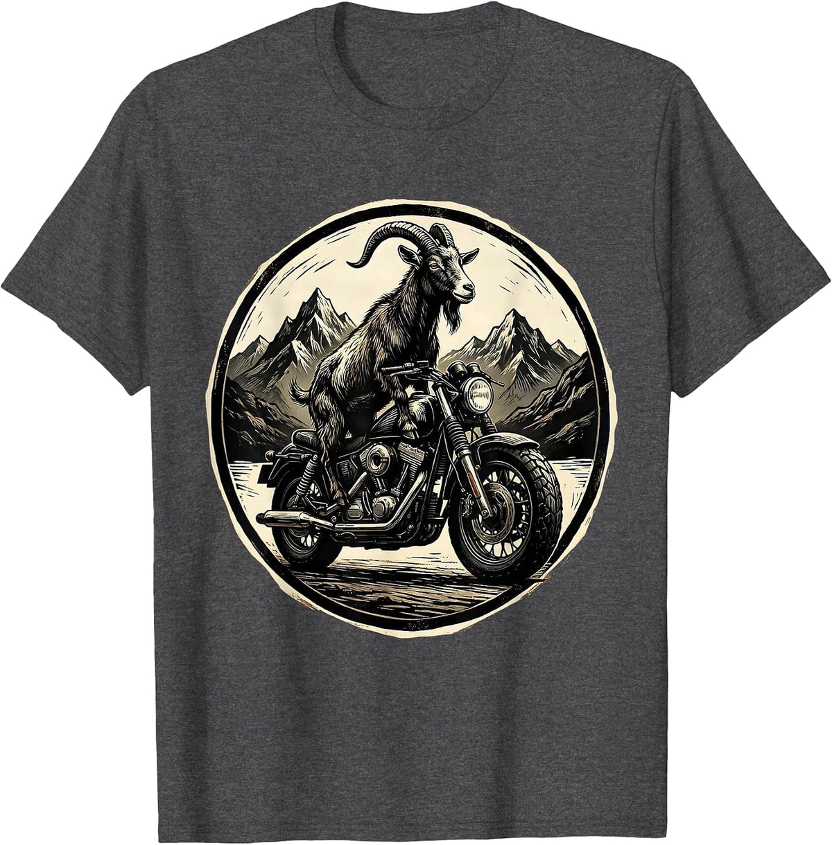 Goat Riding Motorbike Through the Mountains T-Shirt - Dark Heather Grey