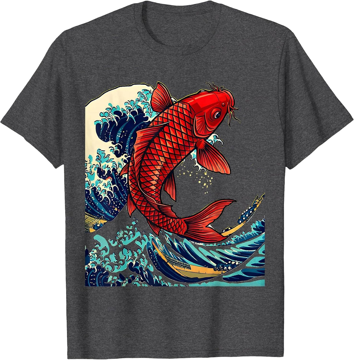 Koi Fish Leaping Through Crashing Wave T-Shirt - Dark Heather Grey