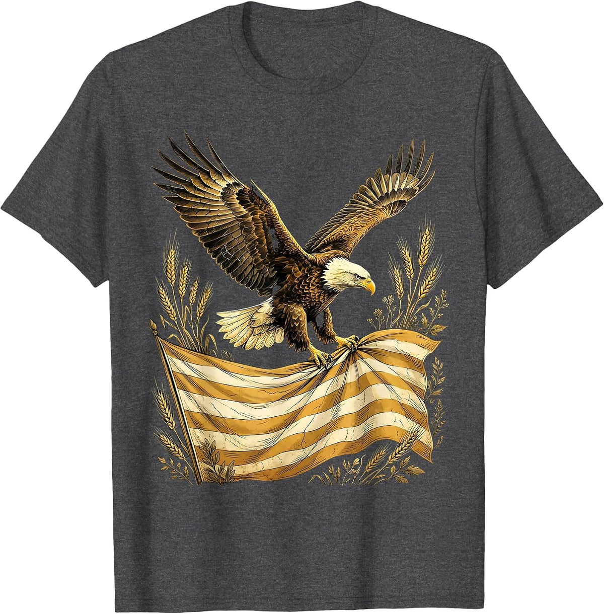 Men's Bald Eagle in Flight Over Waving Flag Illustration T-Shirt - Dark Heather Grey