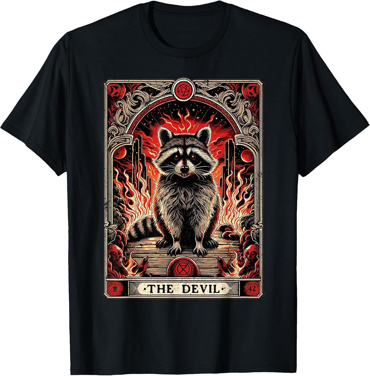 Tarot Card The Devil Satan Gothic Occult Goth Raccoon T-Shirt - Black