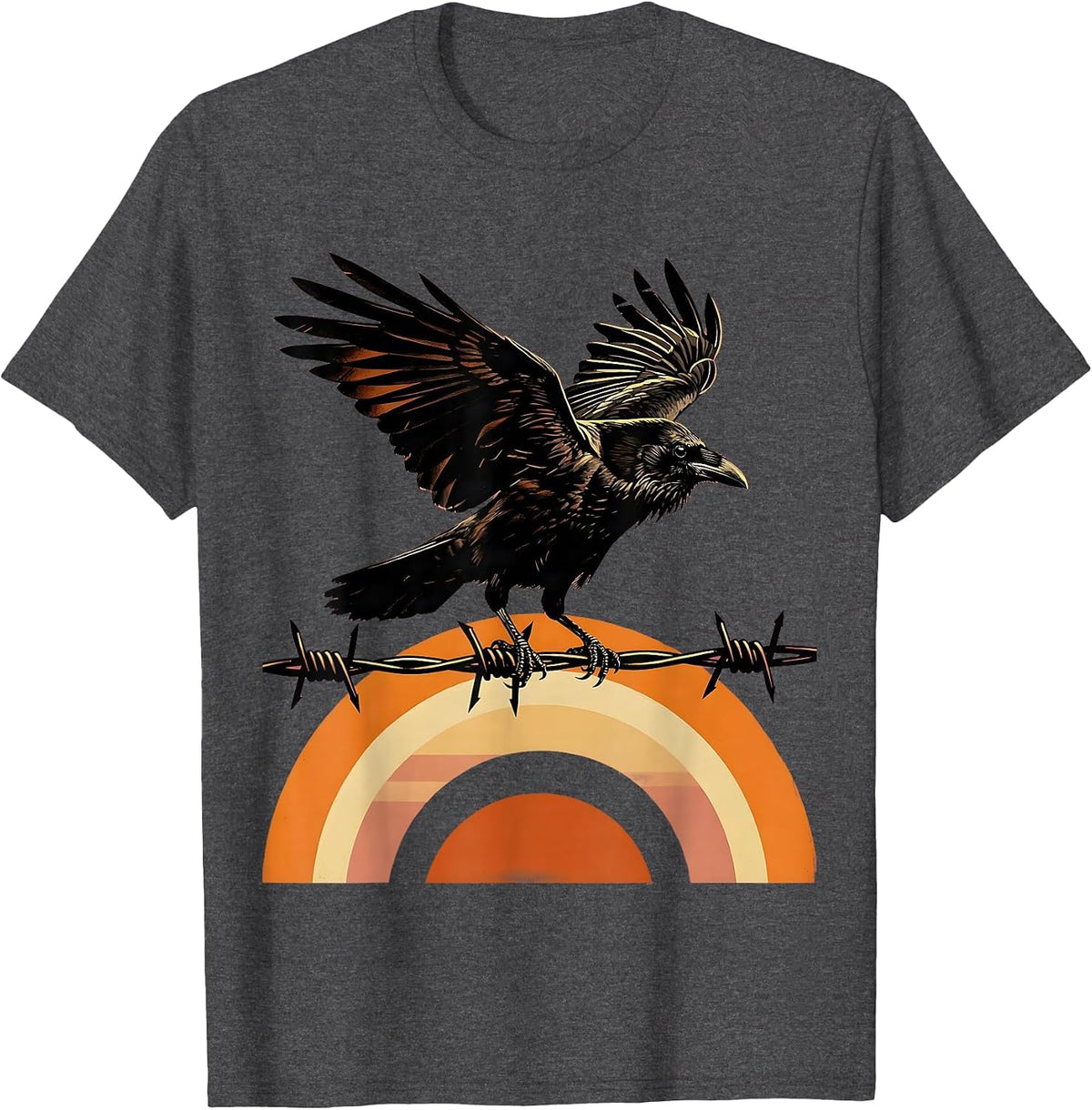 Men's Crow on Barbed Wire Sunrise Illustration T-Shirt - Dark Heather Grey