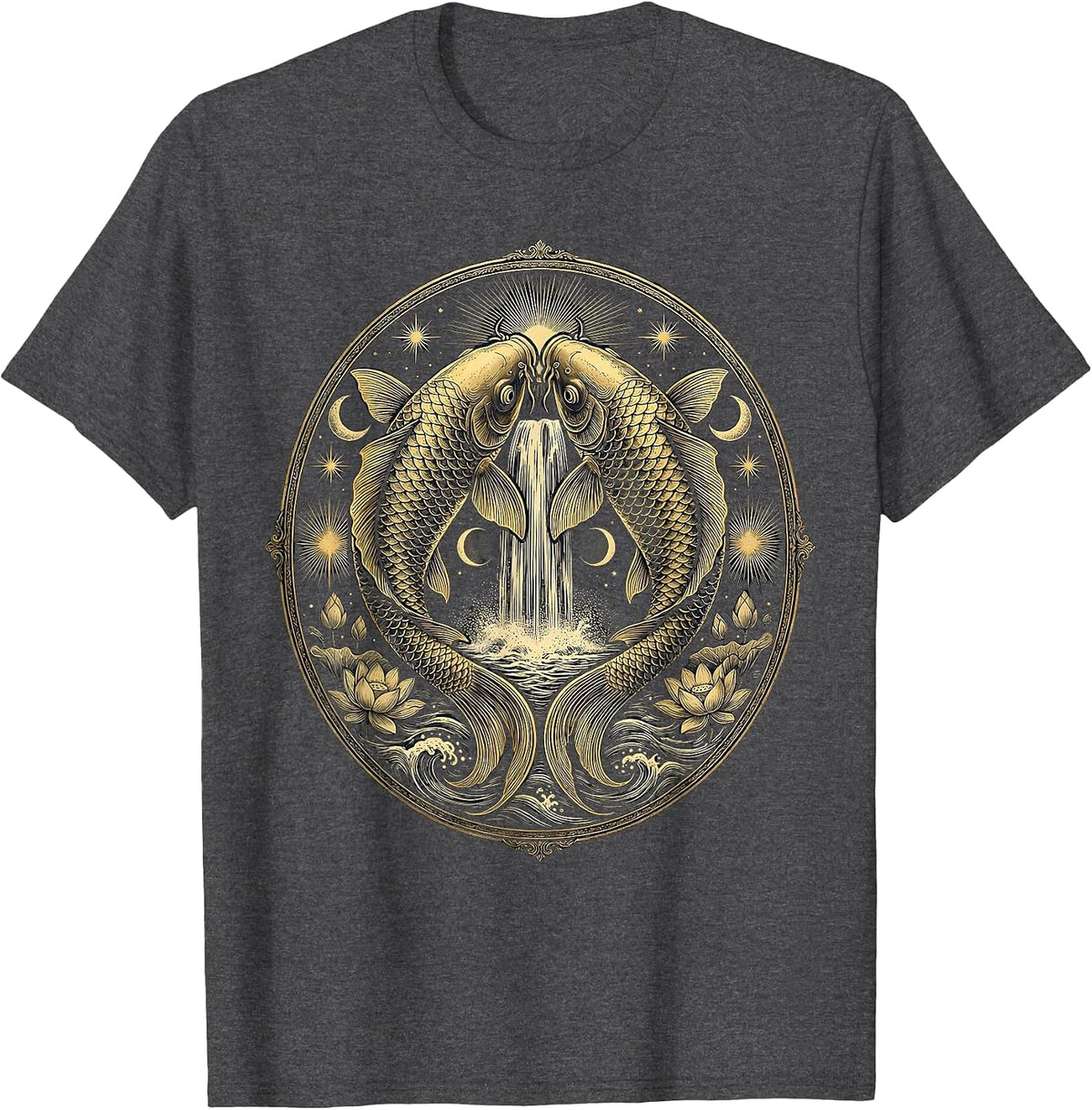 Men's Koi Fish Leaping Over Waterfall Japanese Art T-Shirt - Dark Heather Grey