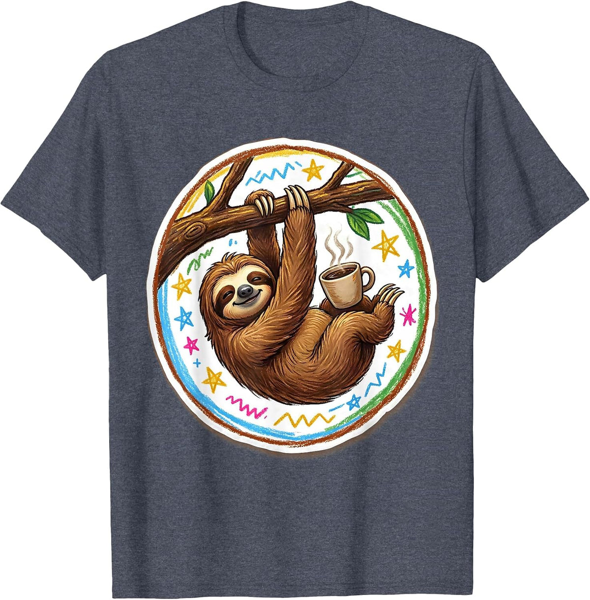 Funny Sloth Hanging With Coffee Graphic Tee T-Shirt - Heather Blue