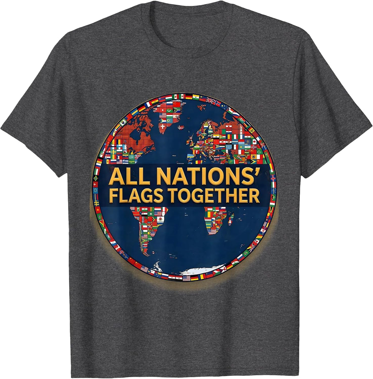 Men's All Nations' Flags Together Geography Lover Travel T-Shirt - Dark Heather Grey