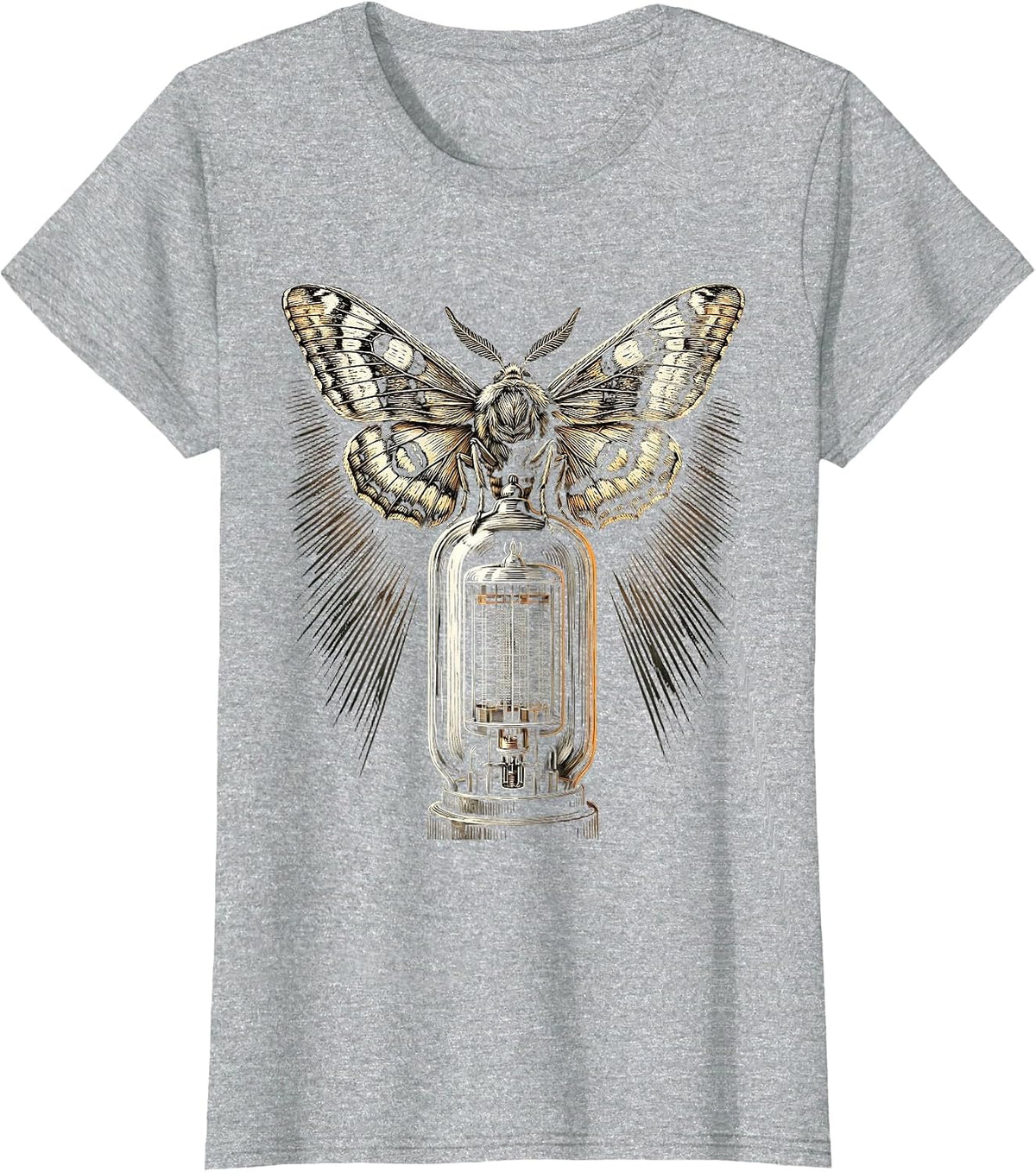 Moth and Vintage Vacuum Tube Rock Art Graphic T-Shirt - Heather Grey